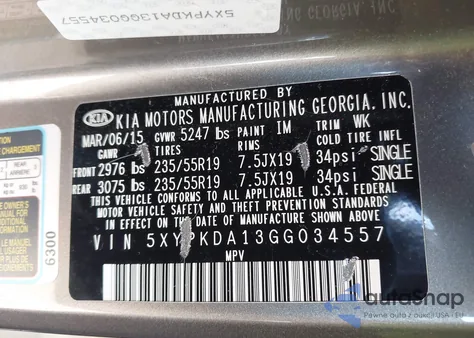 2016 Kia Sorento 2.0T Sxl from USA, damaged, VIN 5XYPKDA13GG034557